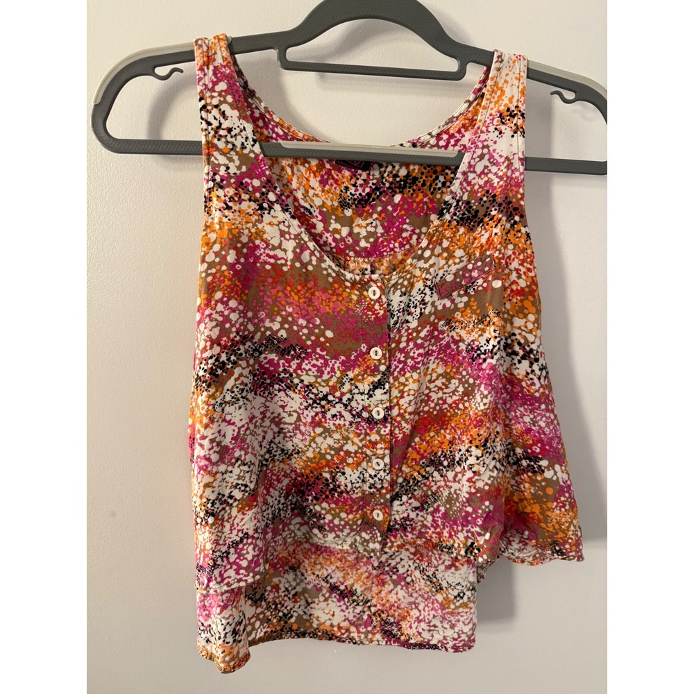 Material Girl Womens Pink Orange Abstract Speckled Print Button Front Tank Top L